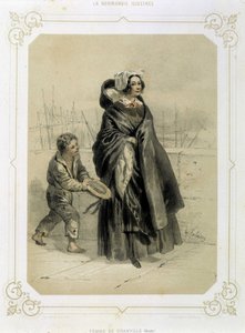 Žena z Granville a mladý žebrák v litografii „“Ilustrovaná Normandie““. od French School