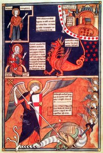 Žena z Apokalypsy je napadena sedmihlavým drakem a St. Michael Killing the Dragon, z Liber Floridus od Lamberta de Saint-Omer, kolem 1120 od French School