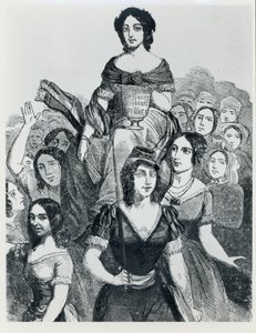 Ženy nesoucí Jeanne Deroin (1805-94) v Triumphu, z Les Femmes Celebres, svazek I, Paříž, Mazenod, 1848 od French School