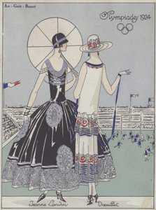 Dámská móda na olympijských hrách 1924 od návrhářů Jeanne Lanvin a Georgese Doeuilleta (barevná litografie) od French School