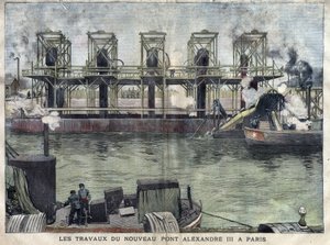 Práce v Paříži Pont Alexandre III. Rytina dubna 1898 v „La petite Gironde““. od French School
