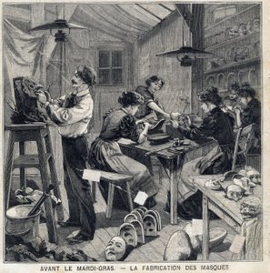 Workshop na výrobu masek pro převleky na Mardi Gras festival (Mardi-Gras). V „“Le Petit Parisien““ dne 14.2.1897 od French School