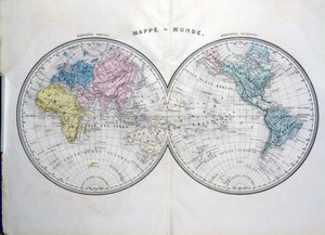Mapa světa, ilustrace z Atlas Geographique Moderne od Prosper-Auguste Poulain de Bossay, kolem roku 1850