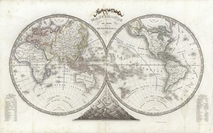 Mapa světa ve dvou polokoulích (barevné gravírování)