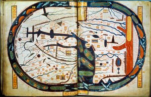 Mapa světa Saint Sever. Miniatura převzatá z komentáře "Apokalypsy podle svatého Jana", který v roce 775 napsal mnich Beatus z Liebany. od French School