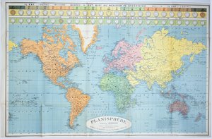 Mapa světa různých časových pásem, vydaná Blondel La Rougery v Paříži kolem roku 1920