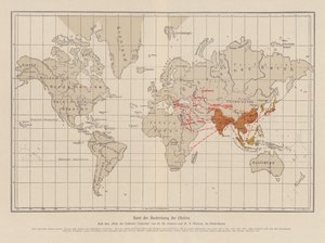 Mapa světa zobrazující šíření cholery (barevná litografie) od French School