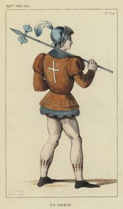 XIV století, voják (barevná rytina) od French School