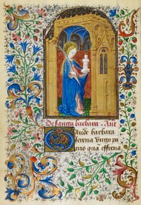 Yates Thompson 3, fol.289v Miniatura svaté Barbory pod zlatým obloukem, nesoucí palmu a její věž, s plným listovým okrajem, na začátku jejího volebního práva, z 