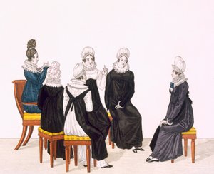 Chatování mladých žen, c. 1820 (barevné rytí) od French School