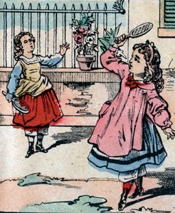 Mladé dívky hrají bitevníky a pérák, raná hra podobná badmingtonu - Epinal obrázek - 19. století (rytina) od French School