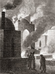 Zoroastrijští uctívači ohně v chrámu ohně v Baku, Ázerbájdžán, z „Les Merveilles de la Science“, vydáno kolem roku 1870 (rytina) od French School
