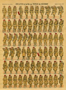 Zouaves, francouzská pěší jednotka Armee vytvořená v roce 1830 generálem Clauzelem pro dobytí Alžírska. Epinální zobrazování od French School