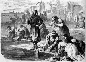 Zouaves z francouzské armády praní prádla. Itálie, Risorgimento de 1859. Rytina v „“ Le Monde Illustré““ č. 122 ze dne 13. srpna 1859. od French School