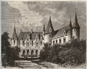 Chateau du Rocher v Mezangers v Mayenne - rytina v „La France illustrée: geografie, historie, statistická správa“ od V.A. Malt-Brown. 1884 od French School