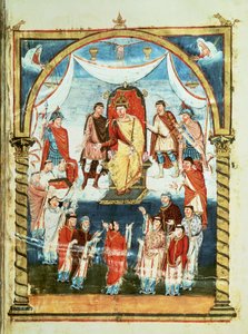 ds Lat 1 fol.423r Král Karel II. přijímá Bibli od hraběte Viviana a mnichů ze Saint-Martin de Tours, z první Bible Karla Plešatého, asi 843-51 od French School