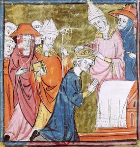 f.106r Korunovace císaře Karla Velikého (742-814) papežem Lvem III. (asi 750-816) v St. Peters, Řím v roce 800, Grandes Chroniques de France, 1375-79 od French School