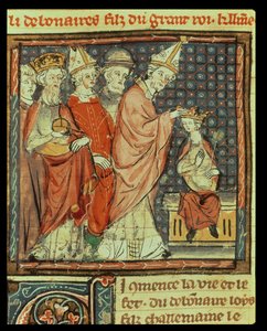 f.142r Korunovace Ludvíka I. Pobožného (778-840) císařem Svaté říše římské papežem Štěpánem IV. (papež 816-817) v Remeši v roce 816, z Grandes Chroniques de France, 1375-79 od French School