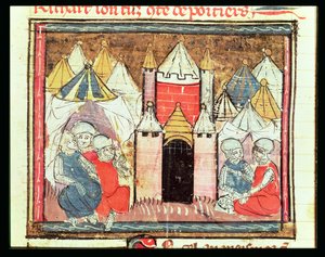 f.259r Obléhání Chateau-Gaillard v roce 1204, kdy Philip Augustus Francouzský (1165-1223) porazil anglického krále Jana (Lacklanda) (1199-1216), z Grandes Chroniques de France, 1375-79 od French School