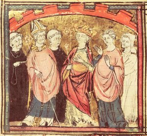 f.73r Dagobert I. (605-39), král Franků přijímající Francouzské království, z Grandes Chroniques de France, 1375-79 od French School
