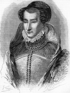 portrét Jany III. z Albretu (1528-1572), matky krále Jindřicha IV. a manželky Antoina de Bourbon (1528-1572). V “” Histoire Populaire de la France””, sd. kolem 1885. Rytina. od French School