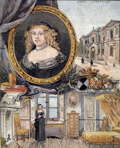 portrét Marie de Rabutin-Chantal (Rabutin Chantal), markýze ze Sevigne známé jako Madame de Sevigne (1626-1696) a její rezidence Hotel Carnavalet. od French School
