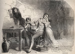 aféra lyonské pošty - Case du courrier de Lyon: Rozloučení Josepha Lesurquese s jeho rodinou: údajně zapojen do případu lyonské pošty v roce 1796 byl neprávem obviněn z napadení lyonské pošty a byl gilotinou - Rytina v “ od French School