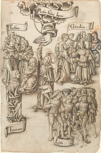 Naděje, sahání do nebe, stojí mezi smutnými a šťastnými muži, radostmi a strachem [fol. 19 recto]