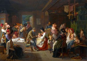 Vaccination contre la variole a la campagne - Očkování proti pravým neštovicím na venkově - Friedrich Adolph Hornemann (1813-1890). Olej na plátně od Friedrich Adolph Hornemann