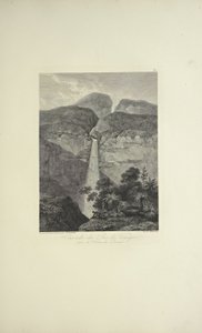 Vodopády Rio de Vinagre, poblíž sopky Purace, kreslil Koch, ryl Arnold, ilustrace z „Pohledy na Kordillery a památky domorodých národů Ameriky“ od Alexandra von Humboldta a Aime Bonpland