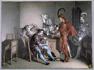 Faust, zázrak s vínem. po roce 1816 (barevná rytina) od Friedrich August Moritz Retzsch