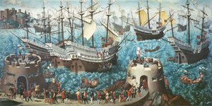 Nalodění Jindřicha VIII. (1491-1547) na palubu Henry Grace a Dieu v roce 1520, zkopírované z obrazu Vincenta Volpiho