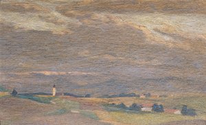 Večerní krajina s kostelní věží od Friedrich Hasslwander