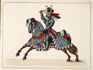 Rytíř na turnaji, deska z „Historie vývoje a zvyků rytířství“ od Dr. Franze Kottenkampa, vydal Carl Hoffmann, 1842