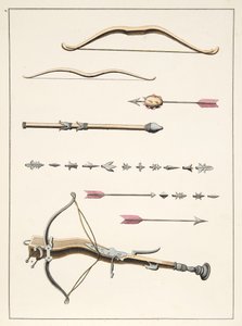 Luky a šípy ze 14.-15. století, deska z knihy "A History of the Development and Customs of Chivalry", autor Dr. Franz Kottenkamp, vydáno Carlem Hoffmannem, 1842. od Friedrich Martin von Reibisch