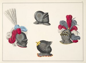Přilby, deska z knihy "A History of the Development and Customs of Chivalry", autor Dr. Franz Kottenkamp, vydáno Carlem Hoffmannem, 1842. od Friedrich Martin von Reibisch