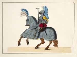 Rytíř a kůň v brnění, deska z „Historie vývoje a zvyků rytířství“, od Dr. Franze Kottenkampa, vydal Carl Hoffmann, 1842