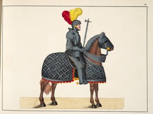 Rytíř v brnění na koni, deska z „Historie vývoje a zvyků rytířství“ od Dr. Franze Kottenkampa, vydal Carl Hoffmann, 1842