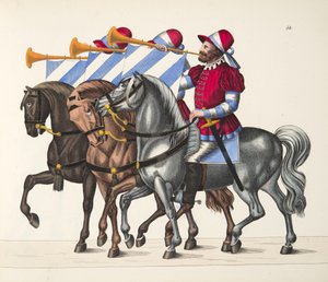 Tři hudebníci na turnaji, deska z Historie vývoje a zvyků rytířství, od Dr. Franze Kottenkampa, vydal Carl Hoffmann, 1842 od Friedrich Martin von Reibisch
