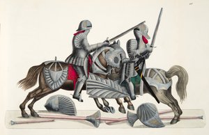 Dva rytíři na turnaji, deska z „Historie vývoje a zvyků rytířství“ od Dr. Franze Kottenkampa, vydal Carl Hoffmann, 1842