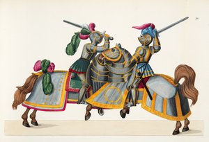 Dva rytíři na turnaji, deska z „Historie vývoje a zvyků rytířství“ od Dr. Franze Kottenkampa, vydal Carl Hoffmann, 1842 od Friedrich Martin von Reibisch