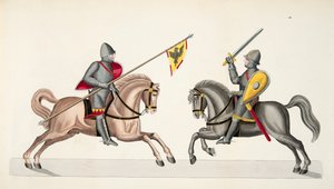 Dva rytíři na turnaji, deska z „Historie vývoje a zvyků rytířství“ od Dr. Franze Kottenkampa, vydal Carl Hoffmann, 1842 od Friedrich Martin von Reibisch