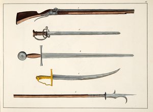Zbraně včetně mečů a kopí, kolem 1400, deska z Historie vývoje a zvyků rytířství, Dr. Franz Kottenkamp, publikoval Carl Hoffmann, 1842
