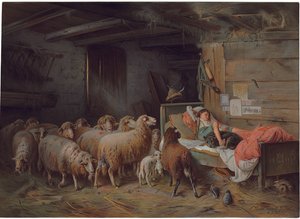 Deska zobrazující ovčáka spícího se svým psem, stádo bez dozoru po jeho boku, konec 19. - začátek 20. století od Friedrich Otto Gebler