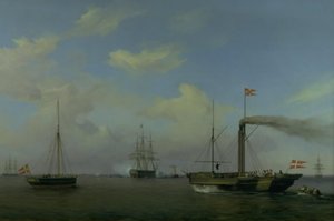 Dánská eskadra kotvící ve Warnemünde Rhed. Jejich královské výsosti korunní princ a korunní princezna přijíždějí na parníku „Kiel“ k eskadře a válečná loď „Christian the Eighth“ začíná salutovat od Friedrich Theodore Kloss