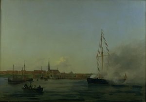Přístav v Nyborgu. V popředí řezačka "Neptun" od Friedrich Theodore Kloss