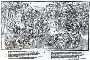Irský náčelník obdrží kněžské požehnání před odjezdem do boje s Angličany, kteří jsou zobrazeni v plné zbroji, deska 4 z „The Image of Ireland“ od Johna Derricka, 1581 od Friedrich van Hulsen