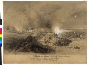 Obléhání Komornu k. k. jednotkami v dubnu 1849 (akvarel na papíře) od Fritz L