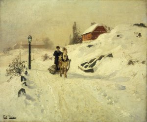 Sáně tažené koňmi v zimní krajině od Frits Thaulow