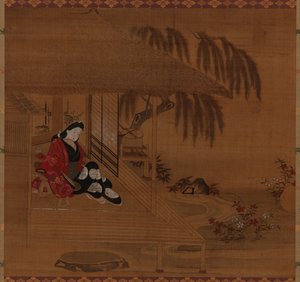 Zahrada, interiér a sedící dívka, období Edo, 1615-1868. od Furuyama Moroshige